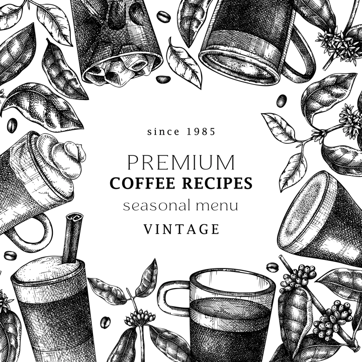 Hand-sketched coffee frame design. Vector sketches of mugs with aromatic caffeine drinks. With coffee plants, leaves and beans in vintage style. Vector beverages template